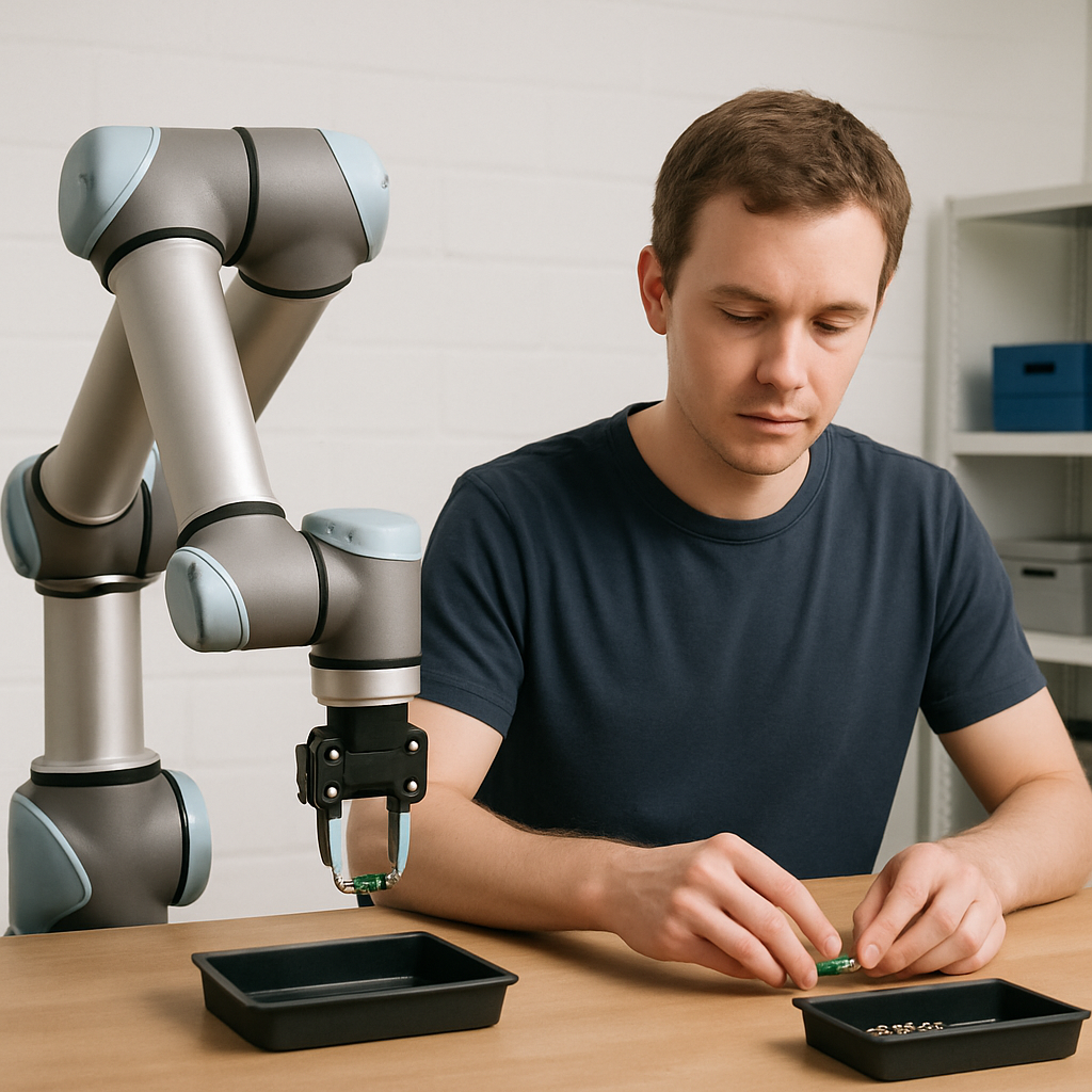 Collaborative robot arm assisting a human worker with small electronic assembly tasks at a workbench, demonstrating safe human-robot collaboration in a small business environment.