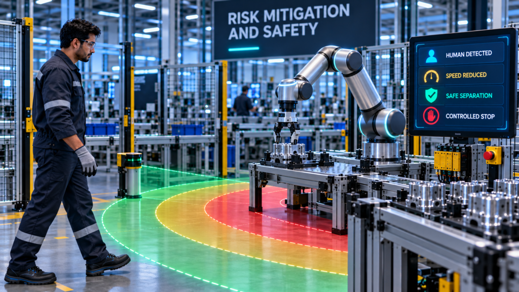 Worker approaching a cobot workstation protected by monitored green, amber, and red safety zones with speed reduction and controlled-stop indicators.
