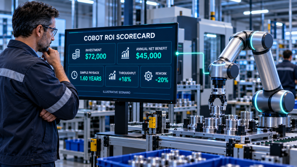 Operations manager reviewing a cobot ROI dashboard showing investment, annual net benefit, payback, throughput, and rework figures.