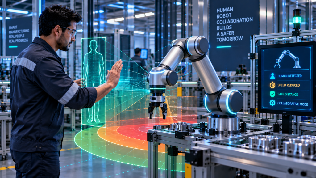 Collaborative Robots using human detection and speed-and-separation monitoring to adjust operation when a worker approaches a cobot workcell