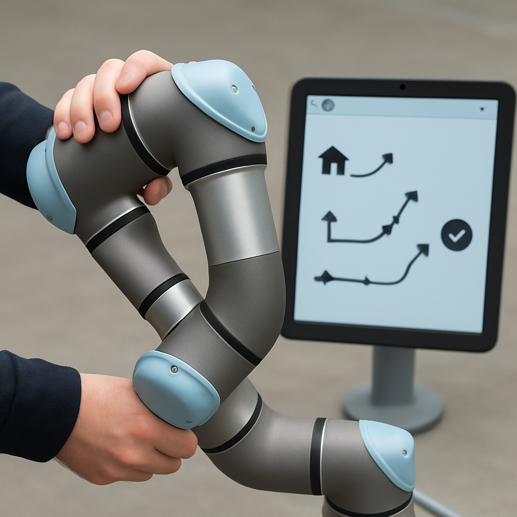 Human hand guiding a collaborative robot arm using intuitive hand-teaching controls.
