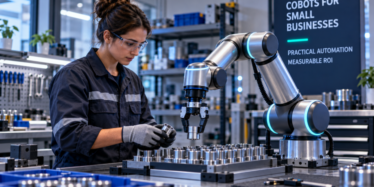 Small-business operator working with a collaborative robot during precision component assembly in a modern workshop.
