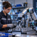 Small-business operator working with a collaborative robot during precision component assembly in a modern workshop.