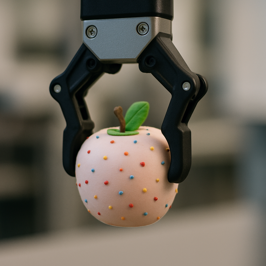 Collaborative robot gripper gently holding a decorated apple, illustrating precise and delicate object handling by cobots in human-friendly automation environments.