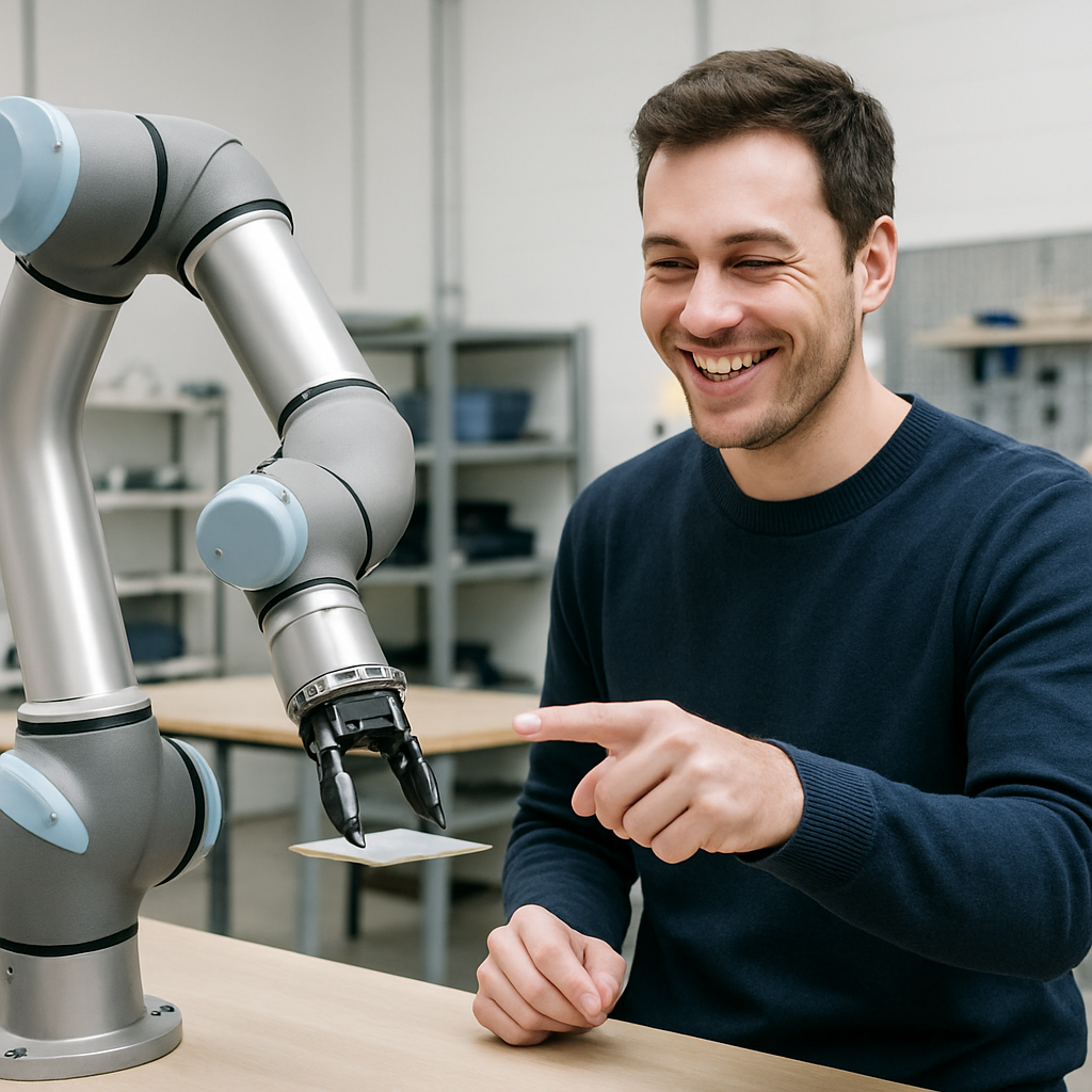 Collaborative robot assisting a smiling human worker during a shared task.