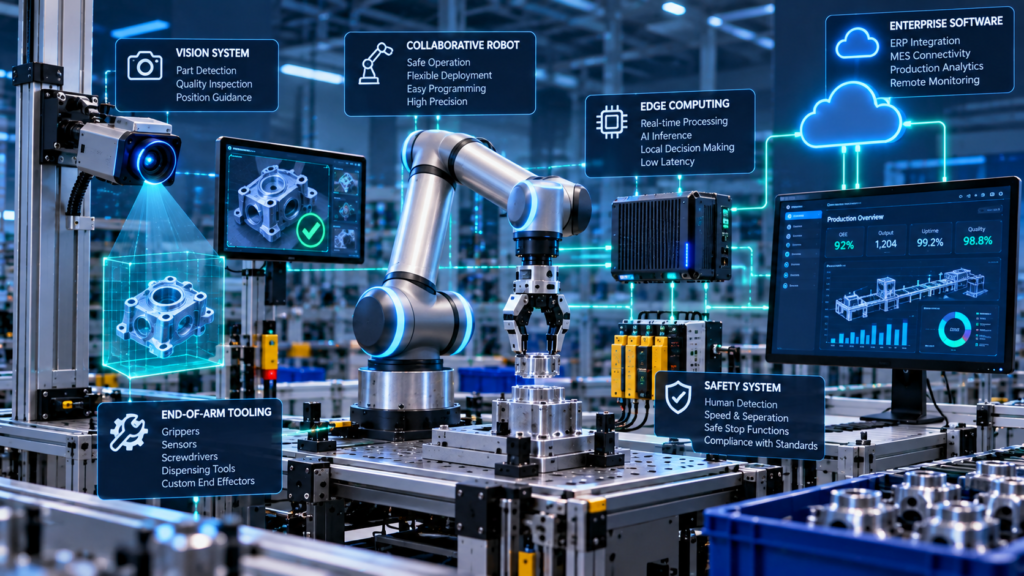 Collaborative Robots architecture integrating a cobot arm, vision system, end-of-arm tooling, edge computing, safety controls and enterprise software