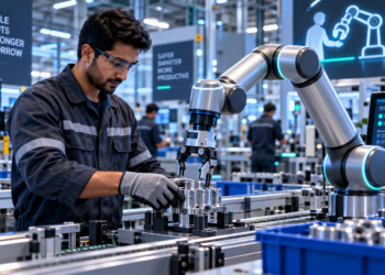 Collaborative Robots working safely alongside a human operator on a precision assembly task in a modern smart manufacturing facility