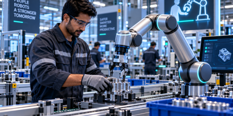 Collaborative Robots working safely alongside a human operator on a precision assembly task in a modern smart manufacturing facility