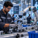 Collaborative Robots working safely alongside a human operator on a precision assembly task in a modern smart manufacturing facility