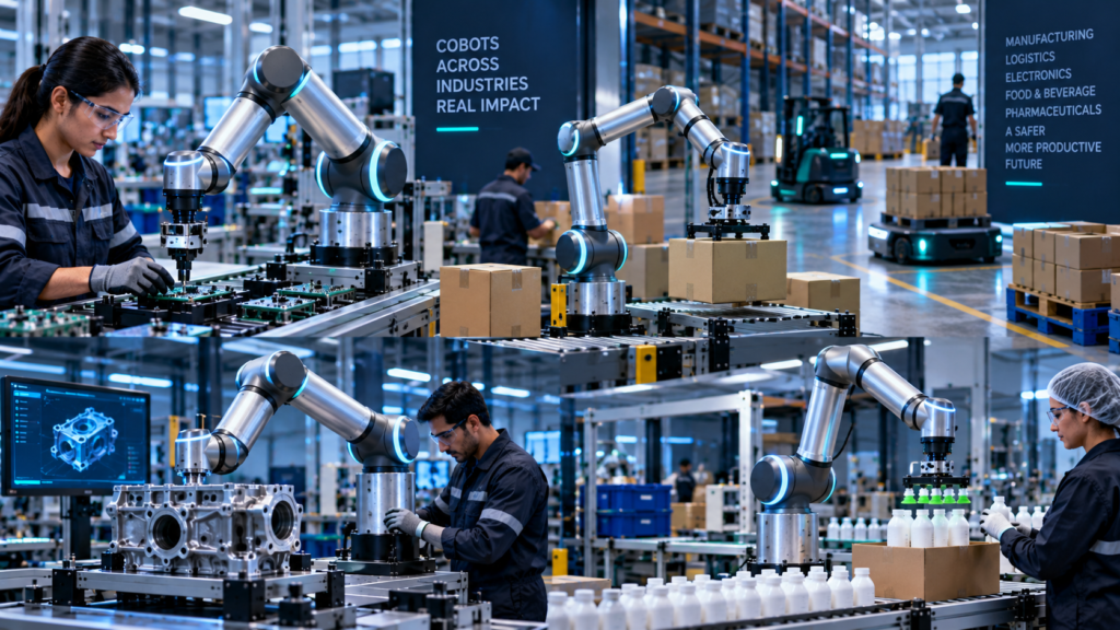 Collaborative Robots working with human operators across manufacturing, electronics assembly, packaging and logistics automation workflows