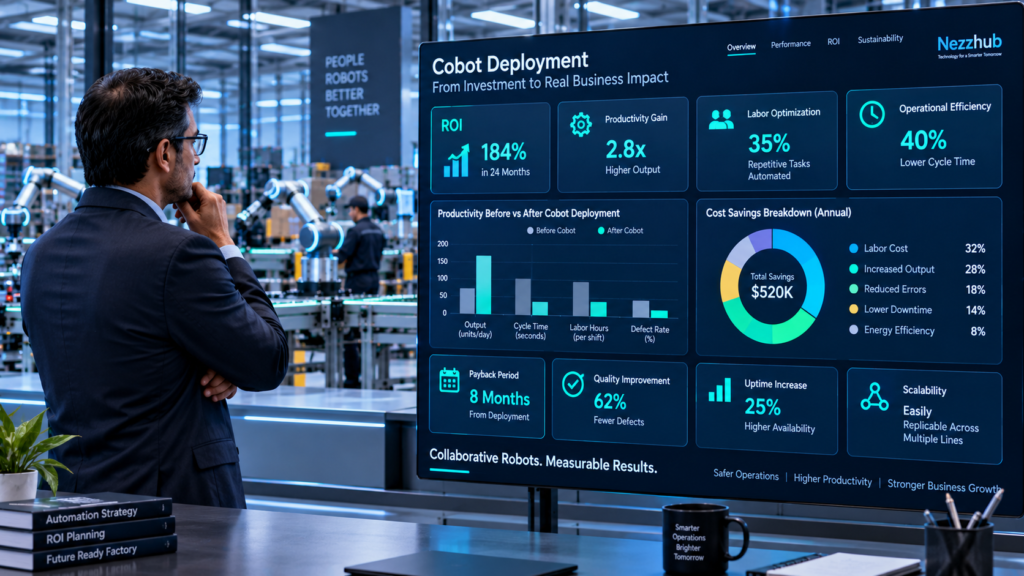 Executive evaluating Collaborative Robots ROI, productivity, labor optimization, operational efficiency and cobot deployment economics