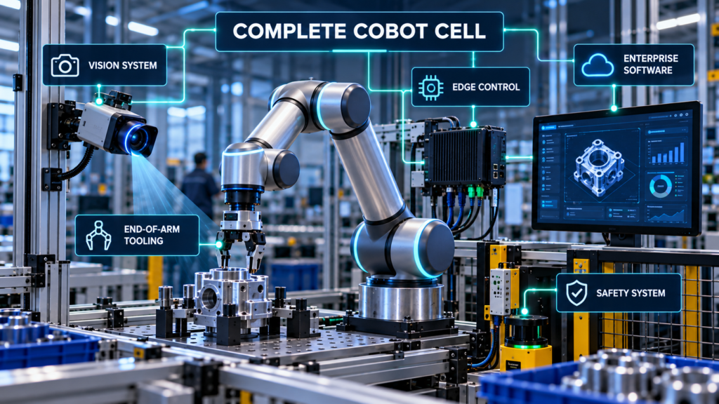 Complete cobot cell architecture connecting a vision system, end-of-arm tooling, edge control, safety system, and enterprise software.
