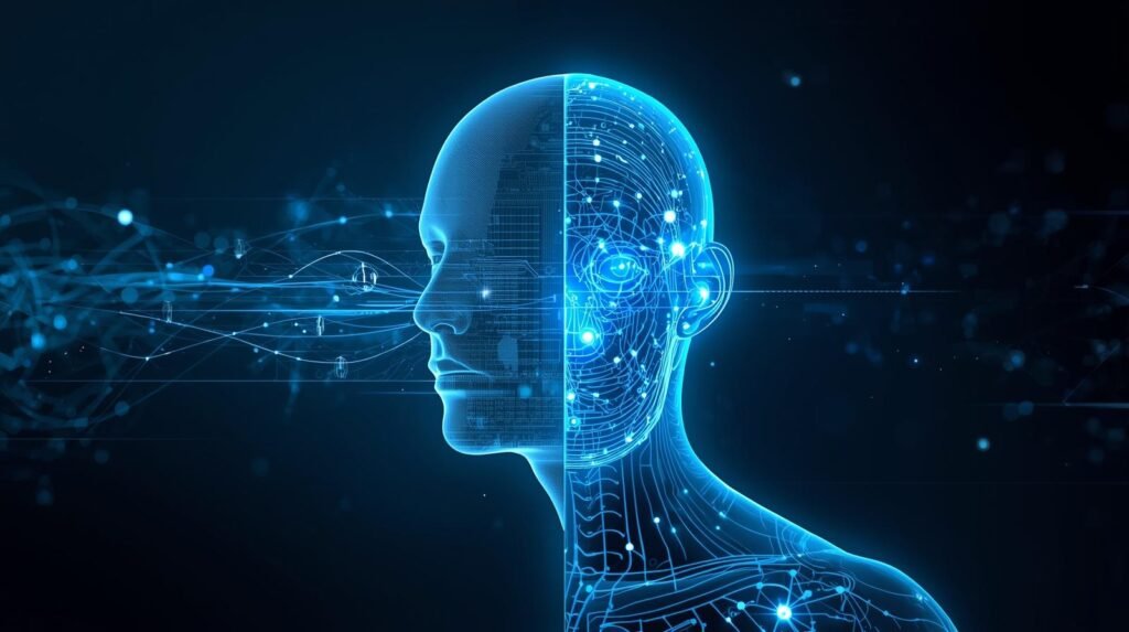 Digital twin technology showing a real-world system connected to a real-time virtual replica using AI, sensors, and data modeling.