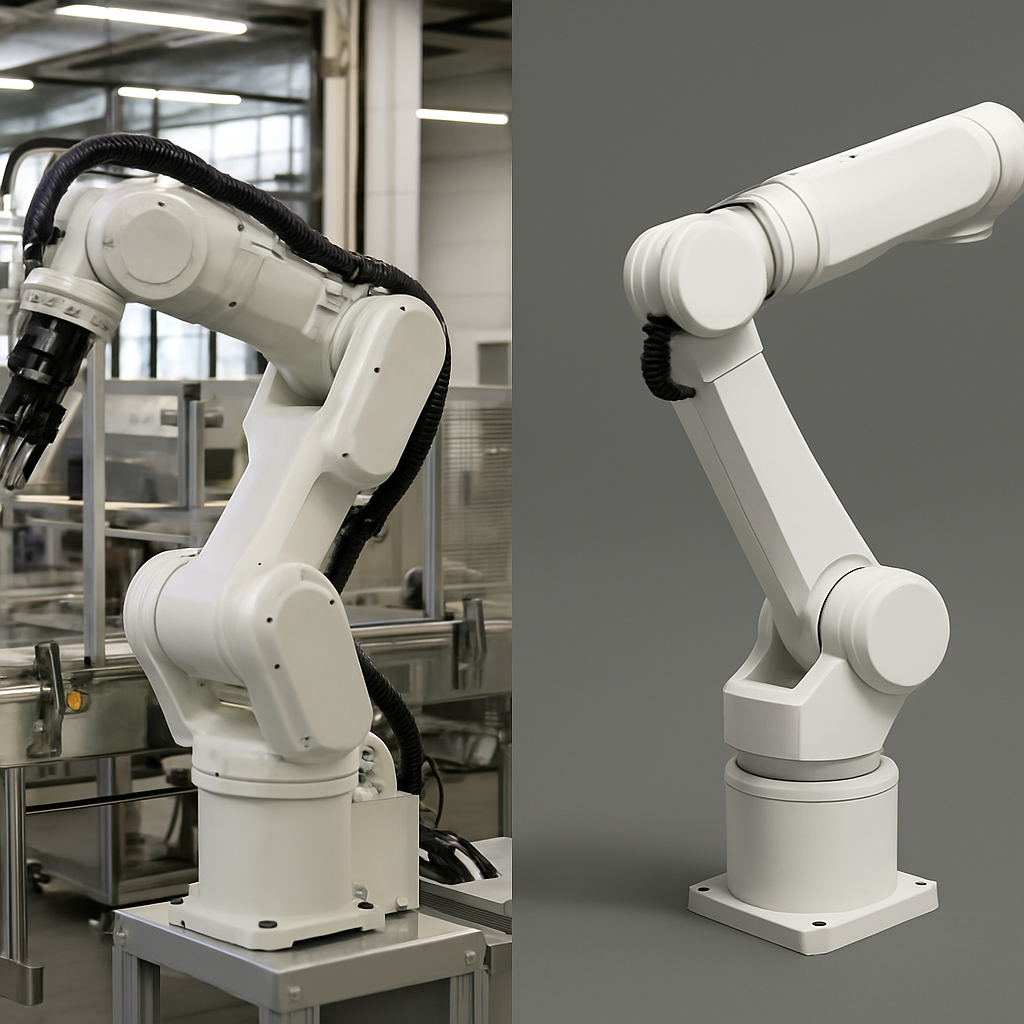 Side-by-side view of a physical industrial robotic arm and its digital twin representation used for robot simulation and design.