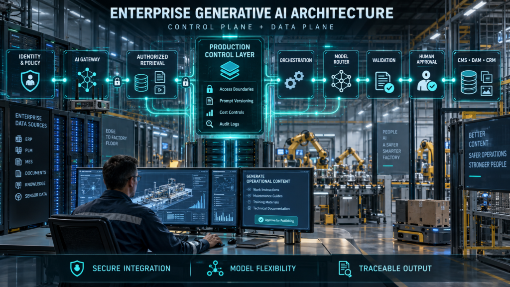 Enterprise generative AI architecture connecting identity controls, an AI gateway, authorized retrieval, orchestration, model routing, validation, human approval, and publishing systems