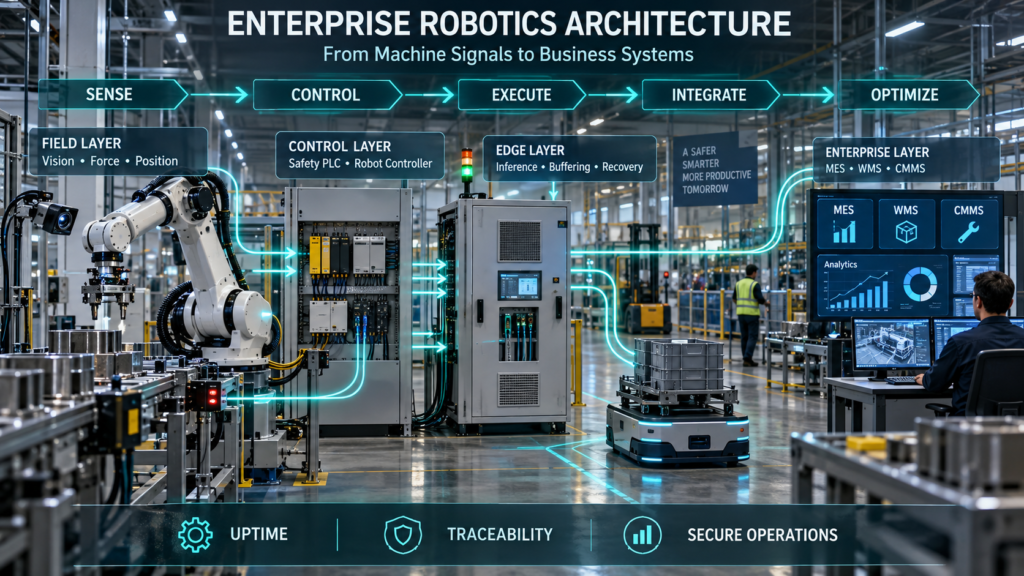 Enterprise robotics architecture connecting machine vision, industrial robots, safety PLCs, edge computing, autonomous mobile robots, MES, WMS, CMMS, and analytics.