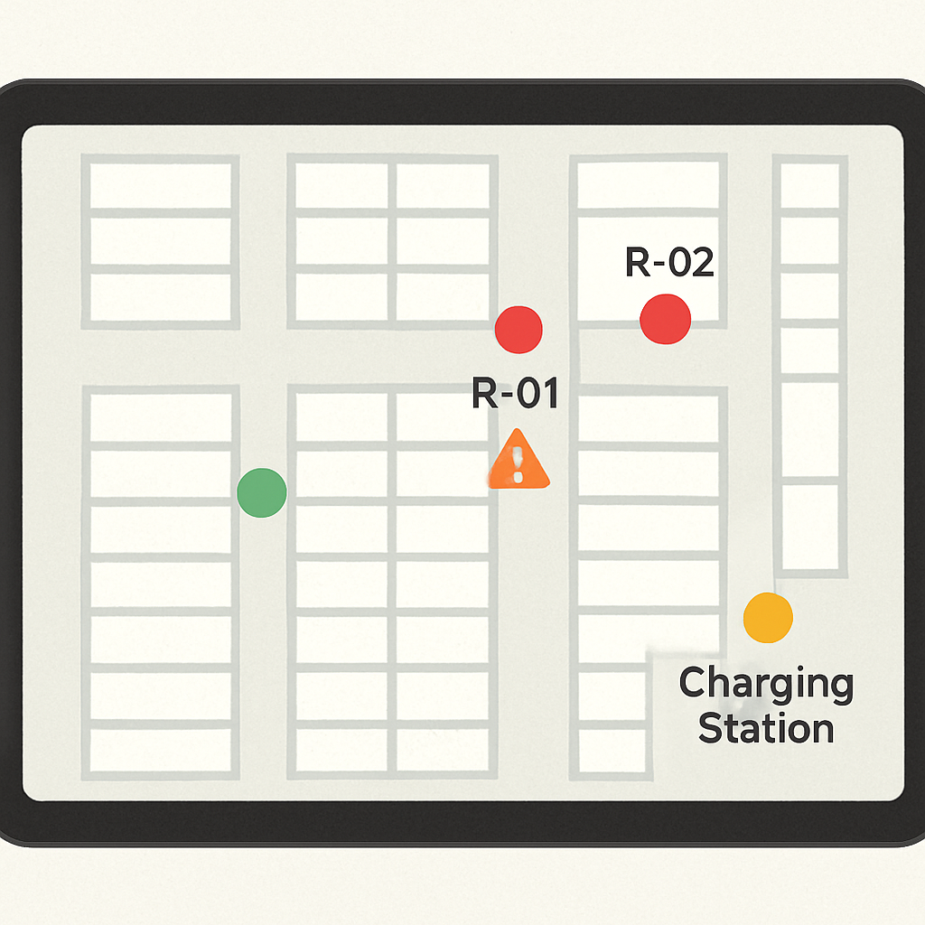 Robot fleet management dashboard showing multiple robots, their locations, alerts, and a charging station on a single screen.