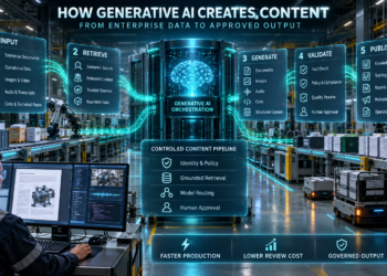 Enterprise generative AI content creation pipeline showing input, retrieval, generation, validation, human approval, and publishing inside a smart factory.
