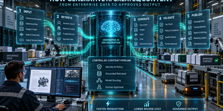 Enterprise generative AI content creation pipeline showing input, retrieval, generation, validation, human approval, and publishing inside a smart factory.