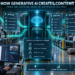 Enterprise generative AI content creation pipeline showing input, retrieval, generation, validation, human approval, and publishing inside a smart factory.