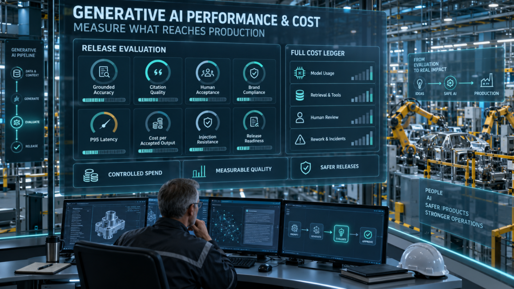 Enterprise generative AI evaluation center monitoring grounded accuracy, citation quality, human acceptance, latency, security, release readiness, and total operating cost.