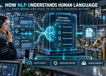 Enterprise Naturla Language Processing infographic showing text, voice and documents processed through intent detection, entity extraction, contextual retrieval and validated output.