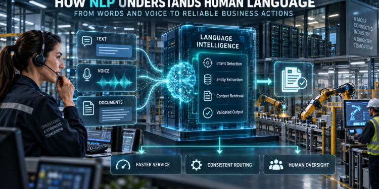 Enterprise Naturla Language Processing infographic showing text, voice and documents processed through intent detection, entity extraction, contextual retrieval and validated output.