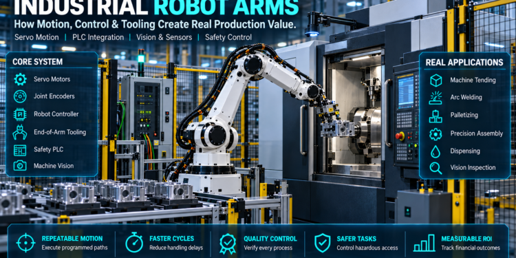 Industrial robot arm loading a CNC machine with detailed panels explaining servo motors, encoders, controllers, tooling, safety systems and manufacturing applications.
