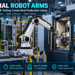 Industrial robot arm loading a CNC machine with detailed panels explaining servo motors, encoders, controllers, tooling, safety systems and manufacturing applications.