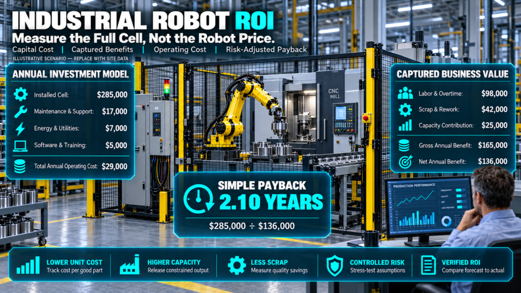 Industrial robot cell with detailed investment costs, captured business value, annual net benefit and a 2.10-year illustrative payback calculation.