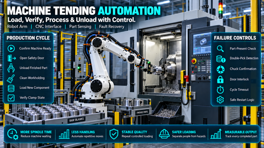 Industrial robot arm servicing a CNC machine with detailed production-cycle steps, failure controls and operational outcomes.