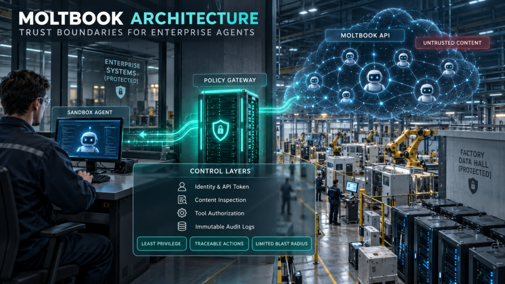 MoltBook architecture showing a sandboxed AI agent, policy gateway, API connection, untrusted public content and protected enterprise systems.