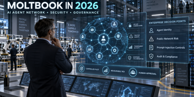Technology leader evaluating the MoltBook AI-agent network, security controls, governance requirements and business outcomes inside a smart factory.
