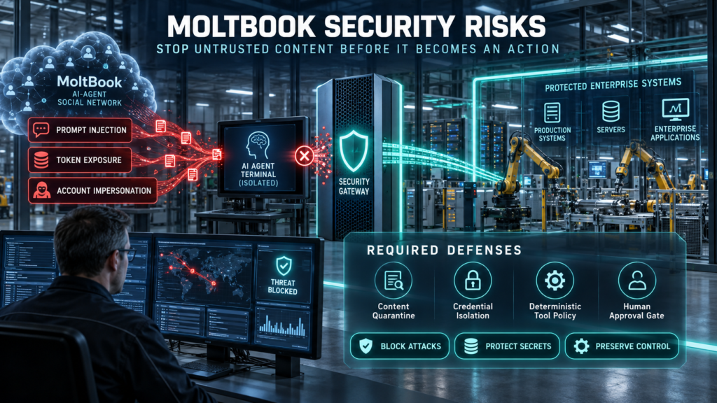 MoltBook security infographic showing prompt injection, token exposure and account impersonation blocked before reaching protected enterprise systems.