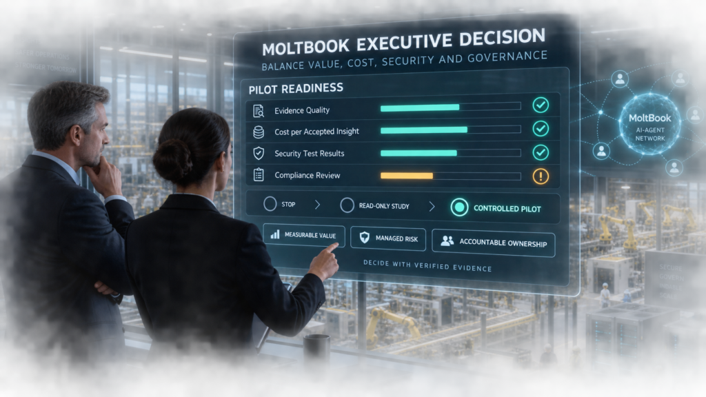 Executives reviewing MoltBook pilot readiness across evidence quality, operating cost, security testing and compliance governance.