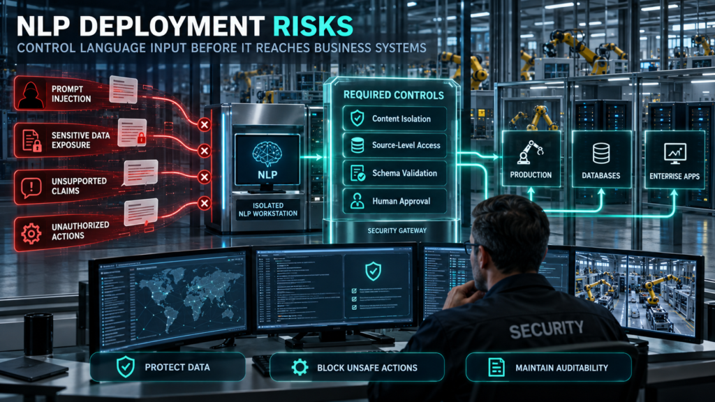 NLP security infographic showing prompt injection, sensitive-data exposure, unsupported claims and unauthorized actions blocked before reaching enterprise systems.