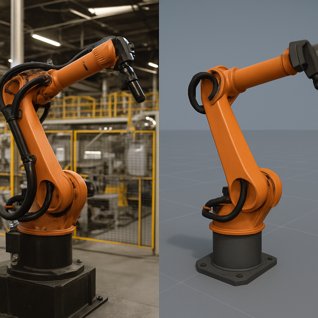 Side-by-side view of a physical industrial robotic arm and its virtual simulation model used for virtual robot testing.