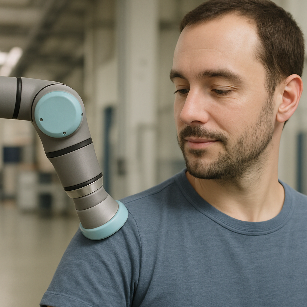 Collaborative robot arm gently resting on a human worker’s shoulder, demonstrating safe human-robot interaction.