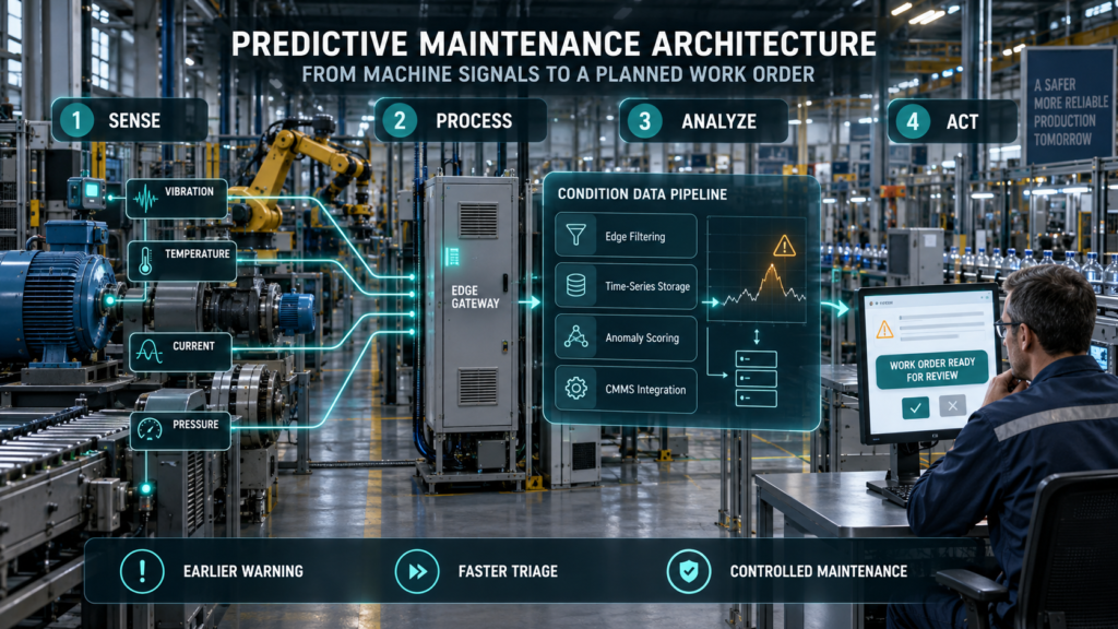 Predictive maintenance architecture showing industrial sensors, an edge gateway, anomaly analysis, CMMS integration, and human work-order approval.