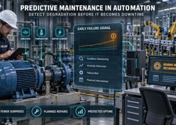 Photorealistic predictive maintenance infographic showing industrial sensors detecting early bearing degradation before production downtime.