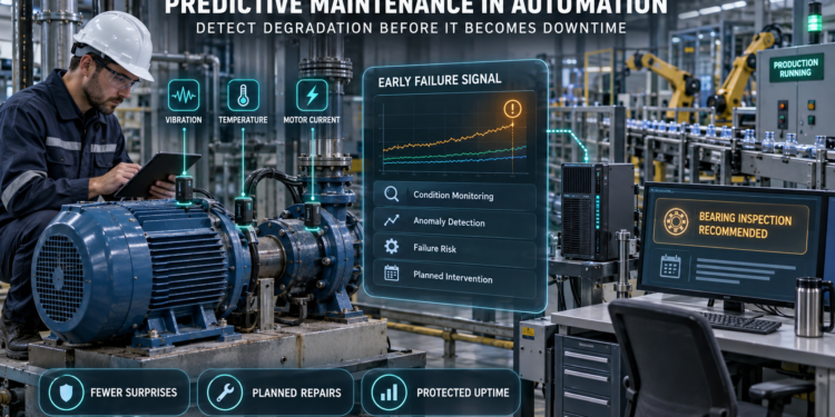 Photorealistic predictive maintenance infographic showing industrial sensors detecting early bearing degradation before production downtime.