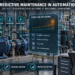 Photorealistic predictive maintenance infographic showing industrial sensors detecting early bearing degradation before production downtime.