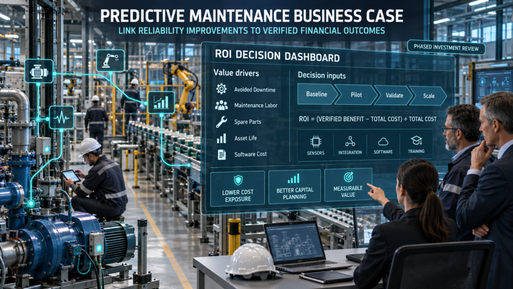 Photorealistic industrial infographic showing executives evaluating predictive maintenance costs, operational benefits, and phased deployment.