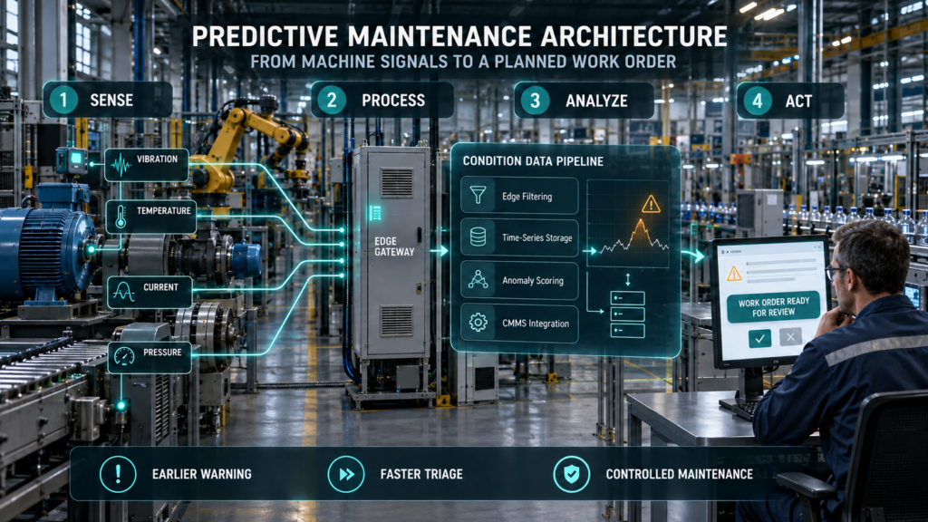 Photorealistic industrial infographic showing engineers validating predictive maintenance alerts against inspection findings and maintenance records.
