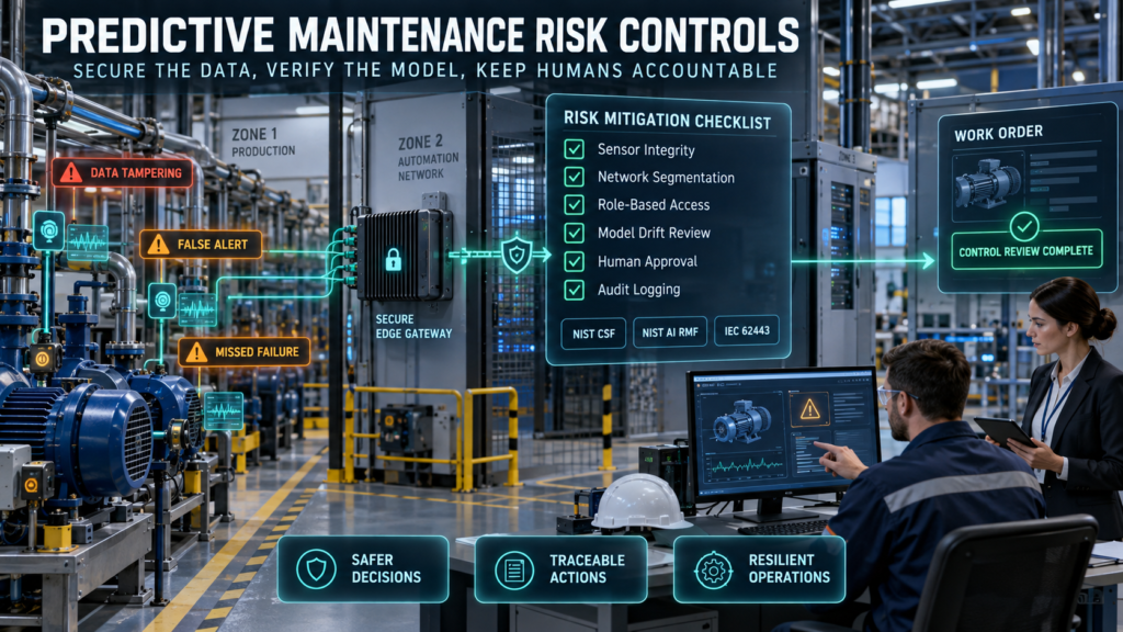 Photorealistic industrial infographic showing predictive maintenance cybersecurity, model governance, human approval, and audit controls.