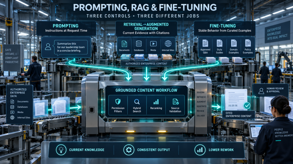 Smart-factory infographic comparing prompting, retrieval-augmented generation, and fine-tuning within a grounded enterprise generative AI content workflow.