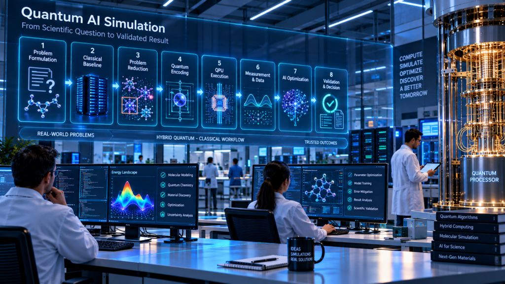 Quantum AI Simulation architecture showing problem formulation, classical baseline, quantum encoding, QPU execution, measurement, AI optimization and scientific validation