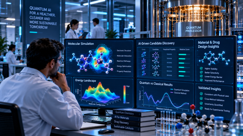 Quantum AI Simulation analyzing molecular structures, energy landscapes and material candidates using quantum computing, AI and classical validation