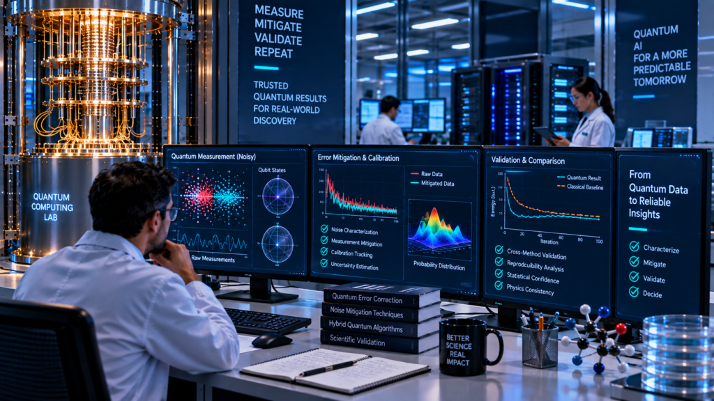Quantum AI Simulation showing QPU noise, error mitigation, calibration tracking, uncertainty analysis and quantum results compared with a classical baseline