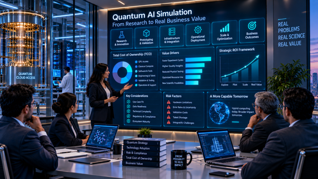 Quantum AI Simulation ROI analysis showing quantum computing costs, classical compute, validation expenses, experimental reduction and enterprise lifecycle TCO